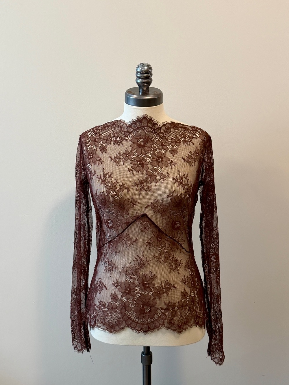 ZARA Chocolate Brown Sheer Floral Lace Going Out Top Long Sleeve Size S